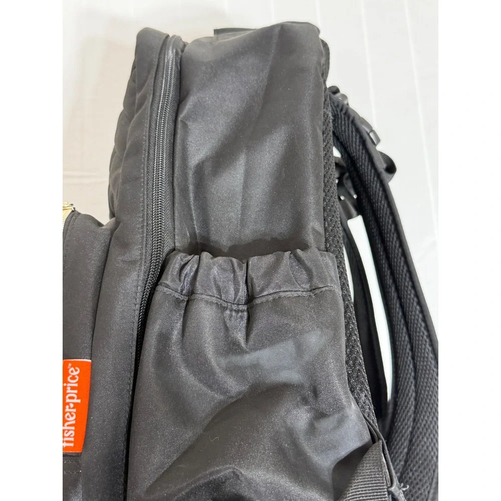 Fisher Price Diaper Bag Backpack Black QuiltedChevron Gold Hardware Multi-Pocket
